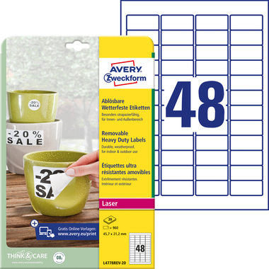 AVERY ZWECKFORM Folienetiketten 45,7x21,2mm L4778REV2 weiss,non-perm. 960 St./20 Bl.