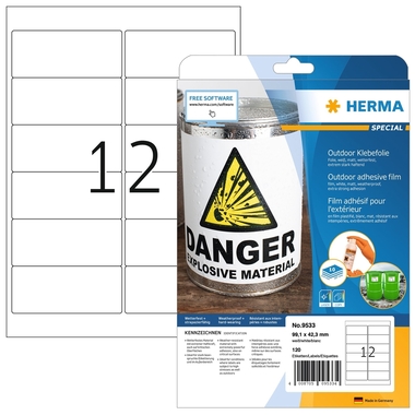 HERMA Outdoor Etikett.PP 99,1x42,3mm 9533 weiss 120 St./10 Blatt