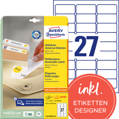 AVERY ZWECKFORM Universal-Etikett. 63.5x29.6mm L4737REV-25 weiss 810 Stk./25 + 5 Blatt