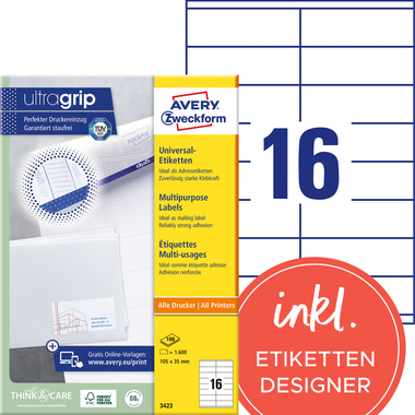 AVERY ZWECKFORM Etiketten 105×35mm 3423 weiss 1600 Stk./100 Blatt