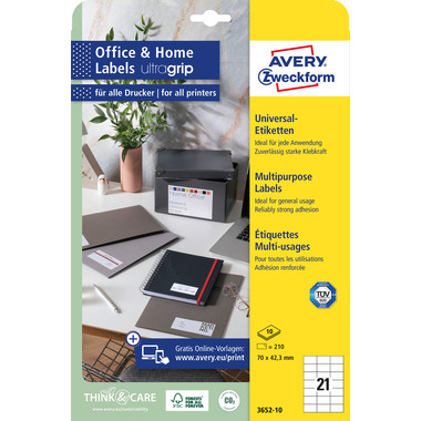 AVERY ZWECKFORM Universal-Etiketten 70x42,3mm 3652-10 weiss 210 Stk./10 Blatt