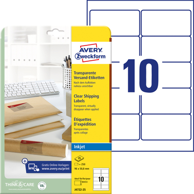AVERY ZWECKFORM Etiketten 96x50,8mm J4722-25 transparent 250 Stück