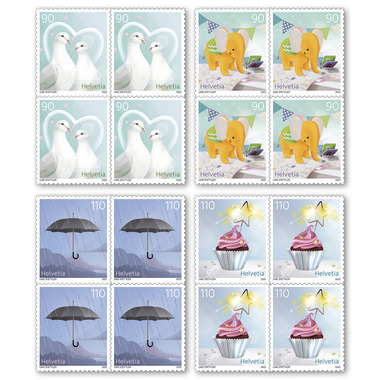 Série de blocs de quatre «Occasions spéciales» Série de blocs de quatre (16 timbres, valeur d'affranchissement CHF 16.00), autocollant, non oblitéré