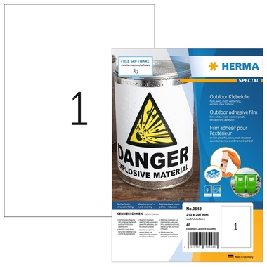 HERMA Folienetiketten 210x297mm 9543 weiss,PP matt 40 Stk./40 Bl.