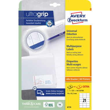 AVERY ZWECKFORM Étiquettes univers. 70x42,3mm 6174 blanc 630 pcs./25 + 5 flls.