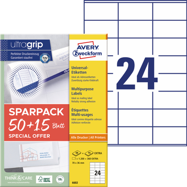 AVERY ZWECKFORM Universal-Etiketten 70x36mm 6602 weiss 1560 Stk./65 Blatt