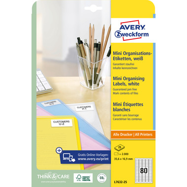 AVERY ZWECKFORM Mini Etiketten weiss L7632-25 2000 Stk./25 Blatt
