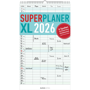ALPHA EDITION Superplanificateur XL 2026 160282 1M/1P AL 6 colonnes 26x45cm
