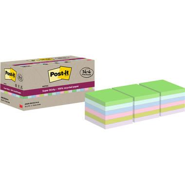 POST-IT SuperSticky Notes 76x76mm 654 RSSCOL 14+4F Recycling,assort. 18x70 Blatt