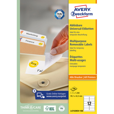 AVERY ZWECKFORM Étiquett. univers. 99,1x42,3mm L4743REV-100 blanc,non-perm. 1200p./10 fl.