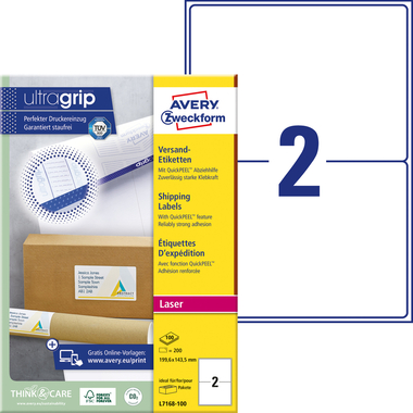 AVERY ZWECKFORM Etiquettes adr. 199,6x143,5mm L7168-100 blanc 200 pcs./100 flls.