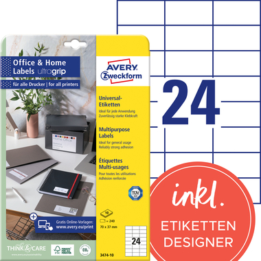 AVERY ZWECKFORM Universal-Etiketten 70x37mm 3474-10 weiss 240 Stk./10 Blatt