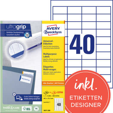 AVERY ZWECKFORM Etiketten 48,5x25,4mm 3657-200 weiss 8800 Stk./200+20 Blatt