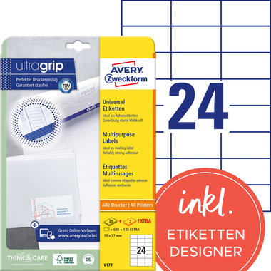 AVERY ZWECKFORM Universaletiketten 70x37mm 6173 weiss 720 Stk./25 + 5 Blatt