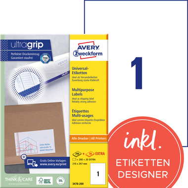 AVERY ZWECKFORM Etiquettes 210x297mm 3478-200 blanc 220 pcs./200+20 flls.