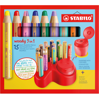 STABILO Matite colorate Woody 3 in 1 8802-15-01 Tovaglietta, 15 pezzi ass