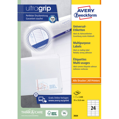 AVERY ZWECKFORM Etiketten 70×33,8mm 3664 weiss 2400 Stk./100 Blatt