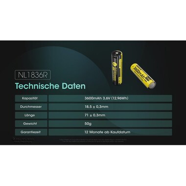 Nitecore Batterie NL1836R Li-Ion Typ 18650 avec USB-C 3600 mAh, 1 Pièce/s