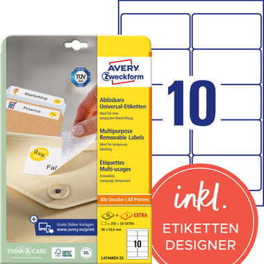 AVERY ZWECKFORM Universal-Etikett. 96x50,8mm L4744REV-25 weiss 300 Stk./25 + 5 Blatt