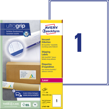 AVERY ZWECKFORM Versandetiketten 199,6x289,1mm L7167-100 weiss 100 Stk./100 Blatt