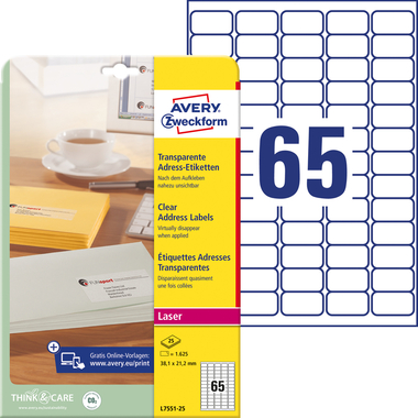 AVERY ZWECKFORM Etiquettes Laser 38x21,2mm L7551-25 transparent 1625 pcs./25 flls.