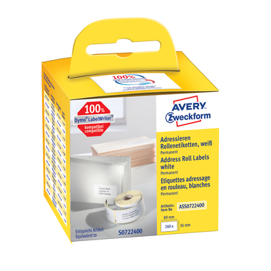 AVERY ZWECKFORM Etiquettes d'adresse 89x36mm ASS0722400 blanc, rouleau 260 pcs.