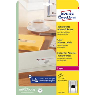 AVERY ZWECKFORM Adress-Etik. Laser 38x21,2mm L7551-25 transparent 1625 St./25 Blatt
