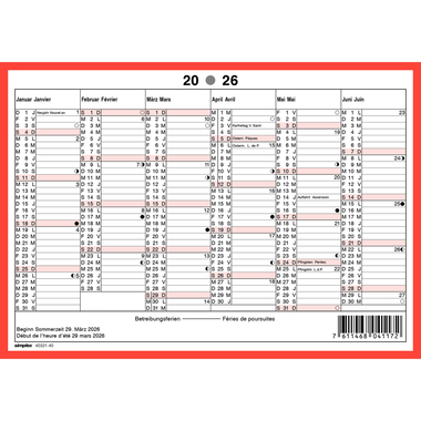 SIMPLEX Calendrier mural 2026 4032140.26 6M/1P rouge/blanc AL/FR A5