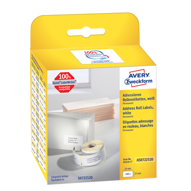 AVERY ZWECKFORM Etiquettes d'adresse 54x25mm AS0722520 blanc, rouleau 500 pcs.