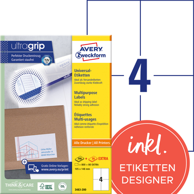 AVERY ZWECKFORM Universaletiketten 105x148mm 3483-200 weiss 880 Stk./200+20 Blatt