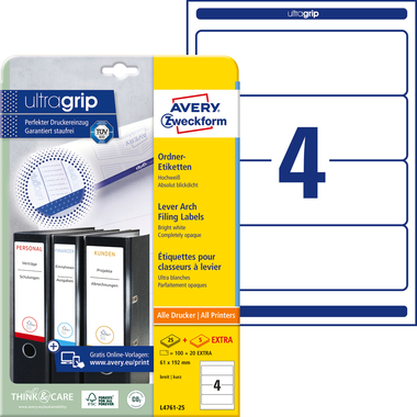 AVERY ZWECKFORM Ordner-Etiketten 61x192mm L4761-25 weiss 120 Stück/25 + 5 Blatt