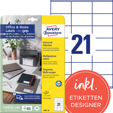 AVERY ZWECKFORM Etiketten 41x70mm 3481-10 weiss, perm. 10 Blatt/21 Stk.