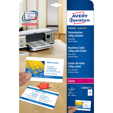 AVERY ZWECKFORM Visitenkarten doppels. 85x54mm C32016-25 Laser,220g,weiss 25Bl./10Stk.