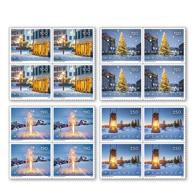 Série de blocs de quatre «Noël» Série de blocs de quatre (16 timbres, valeur d'affranchissement CHF 26.40), autocollant, non oblitéré