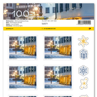 Briefmarken CHF 1.00 «Weihnachtsbeleuchtung», Bogen mit 10 Marken Bogen «Weihnachten», selbstklebend, ungestempelt
