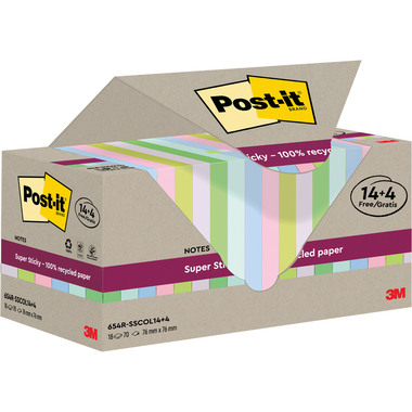 POST-IT SuperSticky Notes 76x76mm 654 RSSCOL 14+4F Recycling,assort. 18x70 Blatt