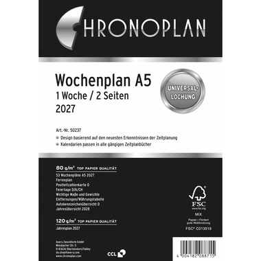 CHRONOPLAN Ersatz Wochenplan 2027 50237Z.27 1W/2S in Spalten A5