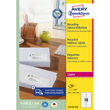 AVERY ZWECKFORM Adressetiketten 99,1x38,1mm LR7163100 recycling 1400 Stück