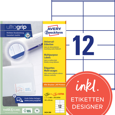 AVERY ZWECKFORM Etiquettes 105x48mm 3424-200 blanc 2640 pcs./200+20 flls.