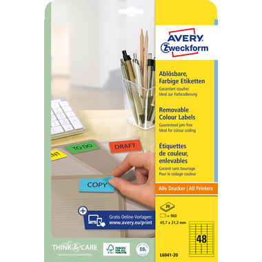 AVERY ZWECKFORM Étiquettes 45,7x21,2mm L6041-20 jaune 960pcs./20fl.