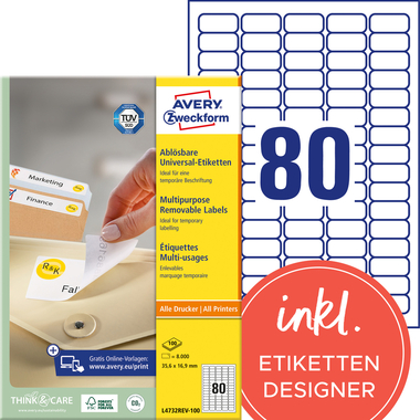 AVERY ZWECKFORM Etichette univers. 35,6x16,9mm L4732REV-100 bianco,non-per. 8000pz./100fl.