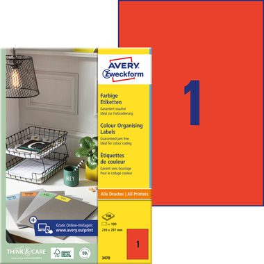 AVERY ZWECKFORM Etiketten A4 3470 rot 100 Stück