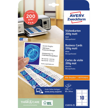 AVERY ZWECKFORM Visitenkarten Design 85x54mm C32010-25 MP, blanko, 200g 250 Stück