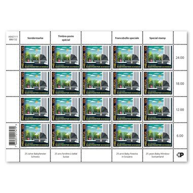 Stamps CHF 1.20 «25 years Baby Window Switzerland», sheet with 20 stamps