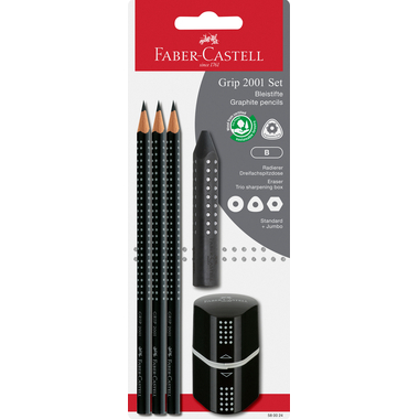 FABER-CASTELL Matita, Gomma, Tempramatite B 580024 Grip 2001 Set, nero