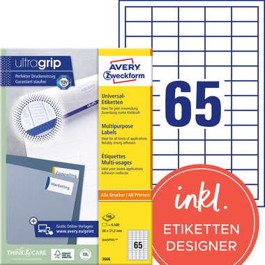 AVERY ZWECKFORM Etiketten 38x21,2mm 3666 weiss 6500 Stk./100 Blatt
