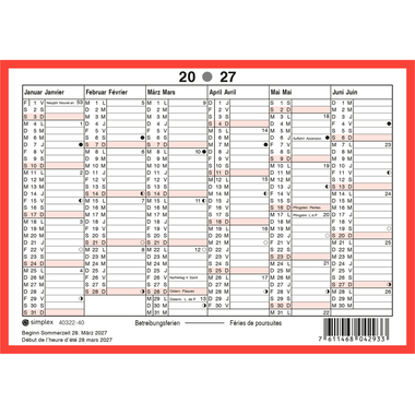 SIMPLEX Wandkalender 2027 4032240.27 6M/1S rot/weiss DE/FR A6 quer