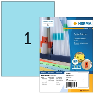 HERMA Étiquettes SPECIAL 210x297mm 4403 bleu,perm. 100 pcs./100 flls.