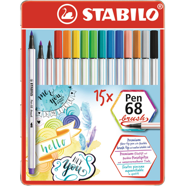 STABILO Stylo Fibre 68 brush 568/15-32 ass. 15 pcs. étui en métal