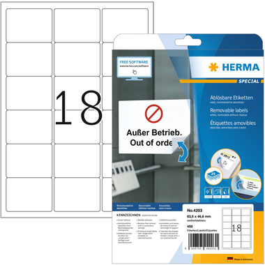HERMA Etichette Movables 63,5x46,6mm 4203 bianco, non perm. 450pz./25fl.